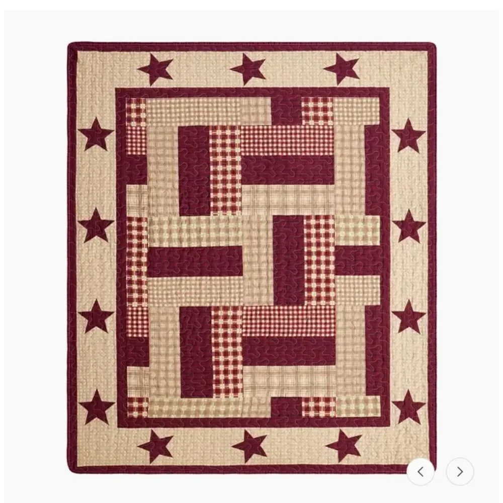 Farmhouse Burgundy Star Printed Quilted Throw Blanket Primitive Cottage Plaid